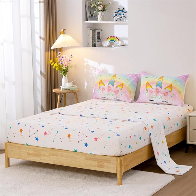 NTBED Unicorn Twin Comforter Set with Sheets,5 Pieces Kids Bedding Sets for Girls, Lightweight Microfiber Star Floral Bed in a Bag, Rainbow
