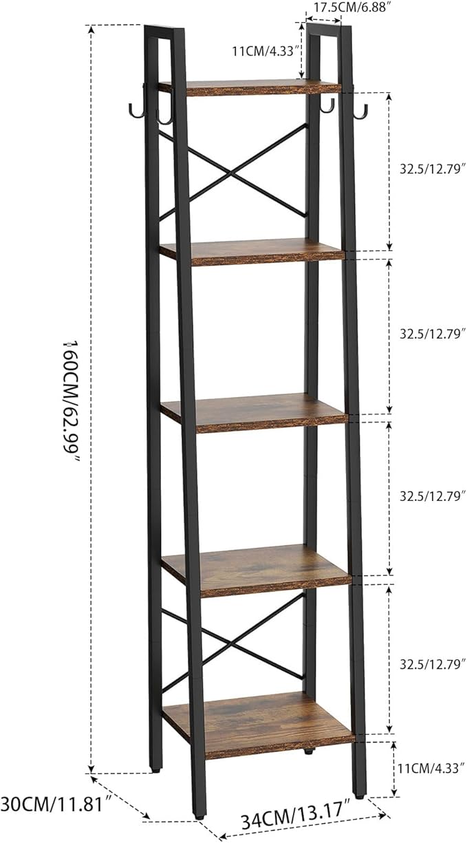YMYNY 5 Tiers Ladder Bookcase, Industrial Narrow Bookshelf, Open Display Rack with 4 S Hooks, Metal Storage Shelves for Bedroom, Home Office, Living Room, Rustic Brown, 63H*13.4L*11.8W, UHBC025H
