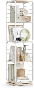 VASAGLE 4-Tier Rotating Bookshelf, Bookcase with Bookends for Small Spaces, Corner Shelf, Steel Frame, Natural Beige and Cloud White ULLS127W67