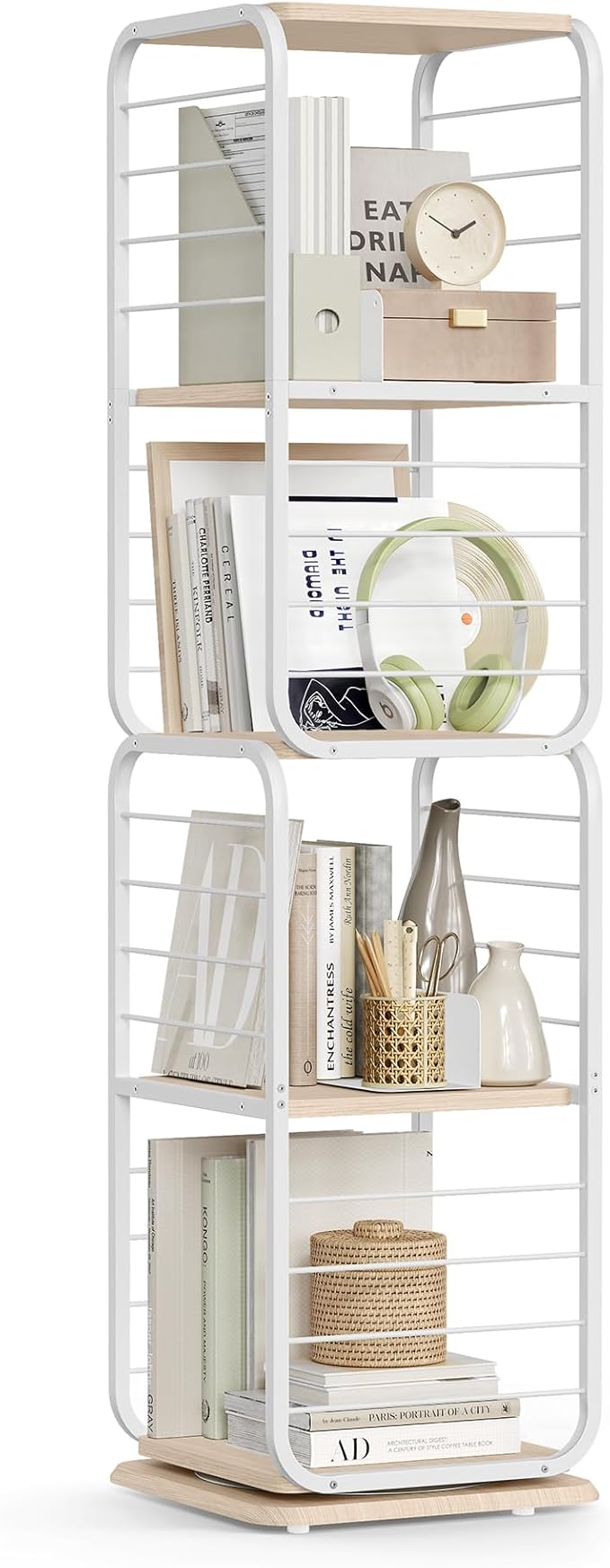 VASAGLE 4-Tier Rotating Bookshelf, Bookcase with Bookends for Small Spaces, Corner Shelf, Steel Frame, Natural Beige and Cloud White ULLS127W67