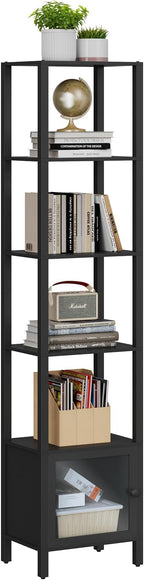 TUTOTAK 6 Tier Bookcase and Bookshelf, Narrow Book shelf with Door for Small Space, for Living Room, Office, Study, Entryway, Black BS03BK006