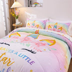 NTBED Unicorn Twin Comforter Set with Sheets,5 Pieces Kids Bedding Sets for Girls, Lightweight Microfiber Star Floral Bed in a Bag, Rainbow