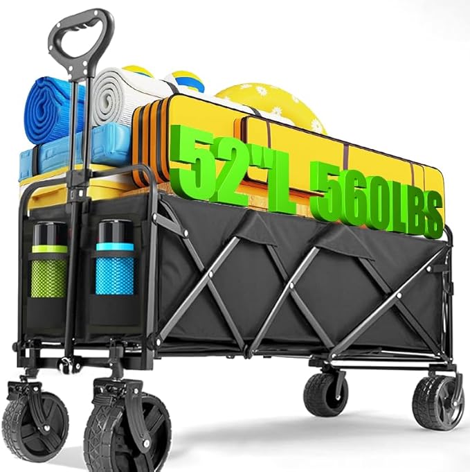 52" L Collapsible Wagon Cart Foldable, 300L 560lbs Weight Capacity, Heavy Duty Beach Wagon with Big Wheels, Shopping Carts for Grocery, Camping, Shopping, Beach, Garden Cart
