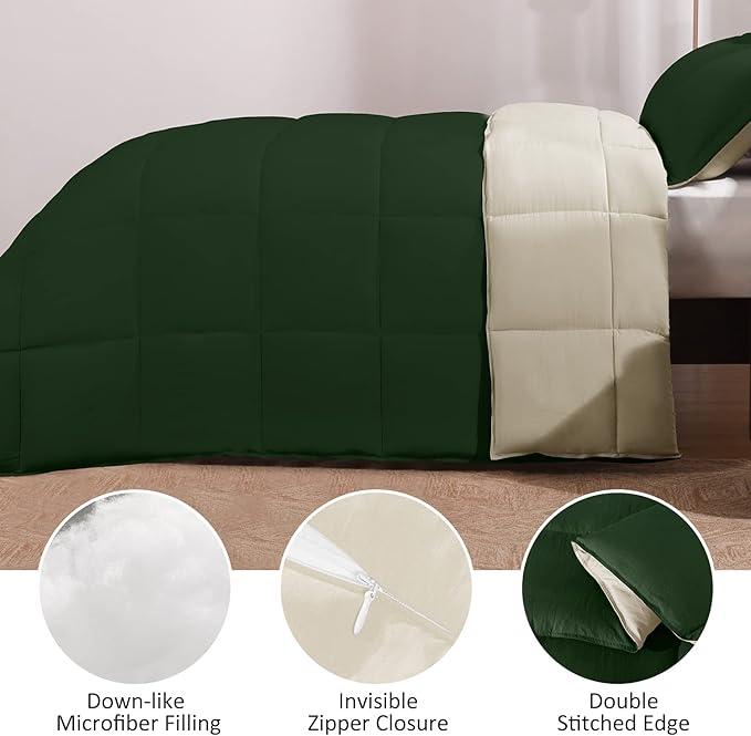 Basic Beyond Queen Comforter Set - Fluffy Comforter Queen Set for All Seasons - Reversible Forest Green Queen Comforter Set for Mens - 3 Pieces (1 Comforter + 2 Pillow Shams) - Forest Green/Ivory