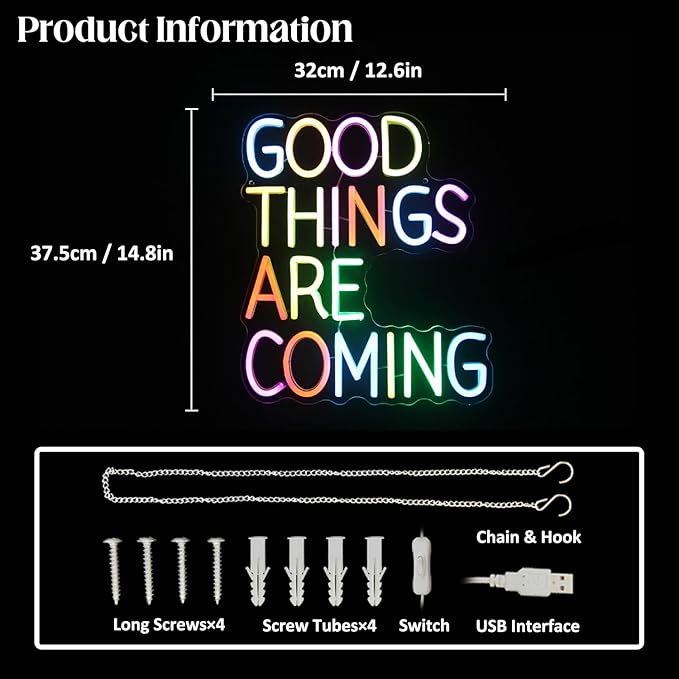 Good Things Are Coming Neon Sign Colorful Letters Neon Lights Signs Motivational Decor Inspirational Quotes LED Neon Signs for Wall Bedroom Bar Office Man Cave Dorm Decor Birthday Gifts