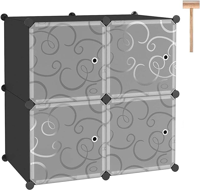 C&AHOME Cube Storage Organizer with Doors, 4-Cube Shelves, Closet Cabinet, DIY Plastic Modular Bookshelf Ideal for Bedroom, Living Room, 24.8" L x 12.4" W x 24.8" H Black SHS04B-DOOR