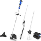Wild Badger Power 40V Cordless Weed Wacker, String Trimmer/Edger, Hedge Trimmer and Brush Cutter Blade, Pole Saw, Attachment Capable 4-in-1 Multi-Tool Kit with 2 * 20V 4Ah Battery and 1 Charger, Blue