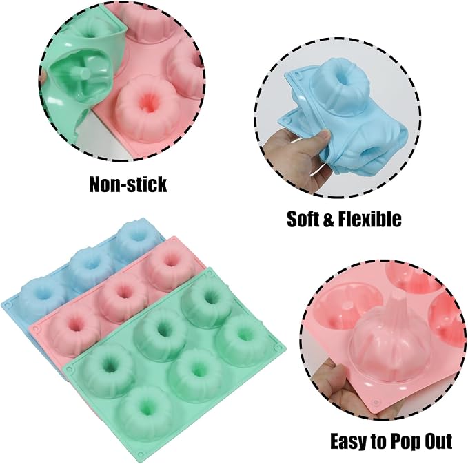3 Pcs Mini Fluted Tube Cake Pan, 6-Cavity Silicone Non-Stick Small Cake Baking Mold for Cupcakes Cornbread Brownies Donuts Jello(Style1)