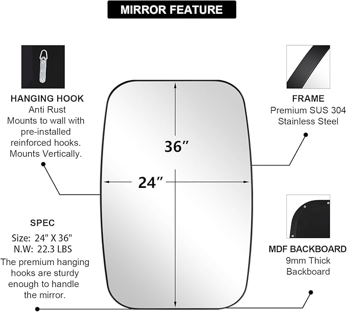 ANDY STAR Black Oval Mirrors for Bathroom, Large 24x36’’ Matte Black Metal Framed Oblong Wall Mirror, Modern Black Vanity Mirror in Stainless Steel Frame Wall Mount Horizontal or Vertical