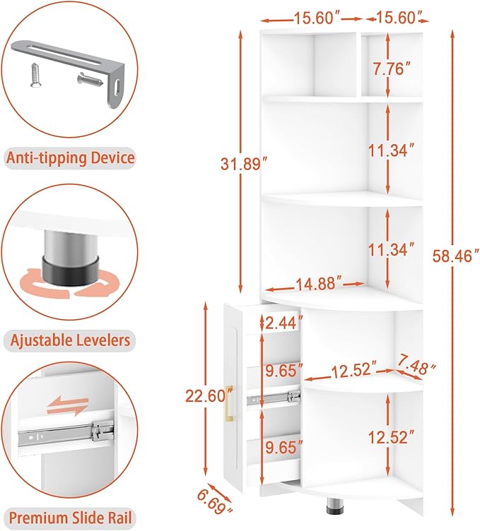 Corner Shelf 6-Tier Corner Bookcase with Drawer, Tall Corner Bookshelf Freestanding White Corner Cabinet Corner Shelves Stand for Wall Corner, Living Room, Home Office, Bedroom, Display Shelf
