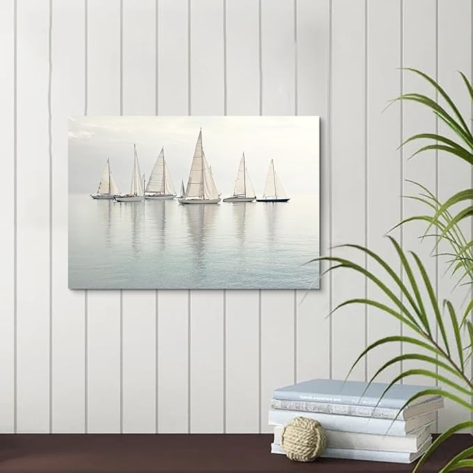 Nautical Sailing Picture Wall Art - Coastal Sailboat Canvas Ocean Ship Prints Sea Level Boat Painting Artwork for Bathroom