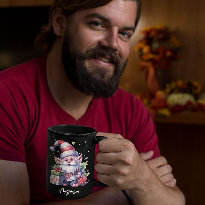 Cute Gnome And Gifts Design Mug, Customized Christmas Gnome Black Cup 11oz 15oz, Gnome Lover Coffee Mug With Custom Name, Gift For Children, Personalized Xmas Gnome Ceramic Cup