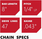 KAKEI 8 Inch Chainsaw Chain 1/4" Pitch .043" Gauge 47 Drive Links Pole Saw Chain (3 Chains) - Semi Chisel