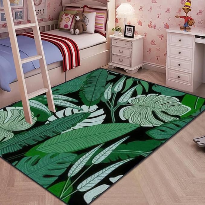 Soft Kids Play Area Rugs 3D Home Jungle Palm Leaf Seamless Ttropical Palm Leaves Design for Printing Plush Rugs Non Slip Shaggy Carpets for Kids' Bedroom Classroom Playroom Nursery Décor