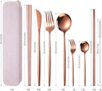 AARAINBOW 8 Pieces Stainless Steel Flatware Set Portable Reusable Cutlery Set Travel Utensils Set Including Chopsticks Knife Fork Spoon Straws Cleaning Brush Dishwasher Safe (Rose Golden)