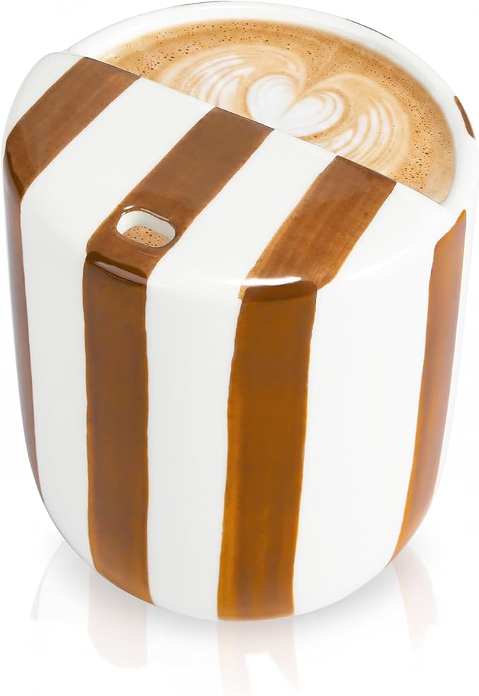 Ceramic Mug with Sip Hole 10 oz Brown Striped Ceramic Coffee Mug Hand Painted Travel Mugs Heat Resistant Non Slip Built in One Lid Handcraft Mugs for Coffee Lovers Appreciation Gift