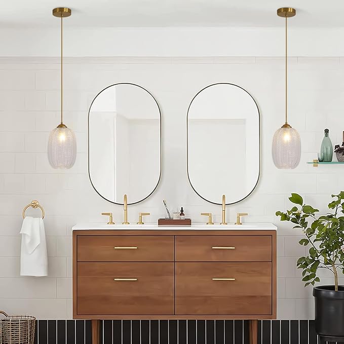 KCO Lighting Clear Glass Globe Pendant Light Ribbed Ceiling Light Brass Pendant Lights Kitchen Island Mid Century Modern Ceiling Hanging Light Gold Single Pendant Light