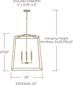 Capital Lighting 537643AD Thea Lantern Foyer Pendant, 4-Light 240 Total Watts, 28" H x 22" W, Aged Brass