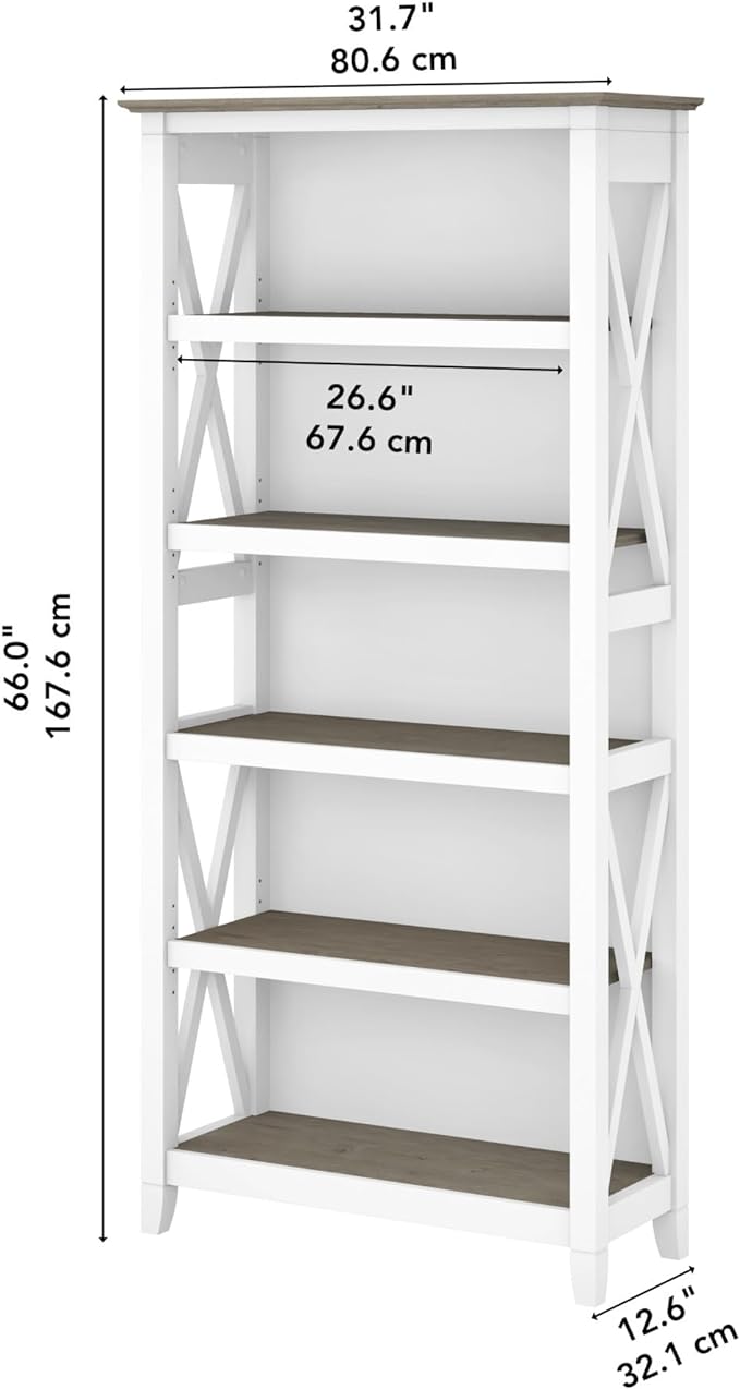 Bush Furniture BSH24470221 Key West 5-Shelf 66-Inch H Bookcase, Shiplap Gray/Pure White
