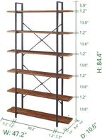 HSH Solid Wood Bookshelf, 6 Tier Tall Industrial Etagere Bookcase and Storage Shelves Heavy Duty, Rustic Large Open Vertical Metal Natural Real Wood Book Shelf for Bedroom Living Room Distressed Brown