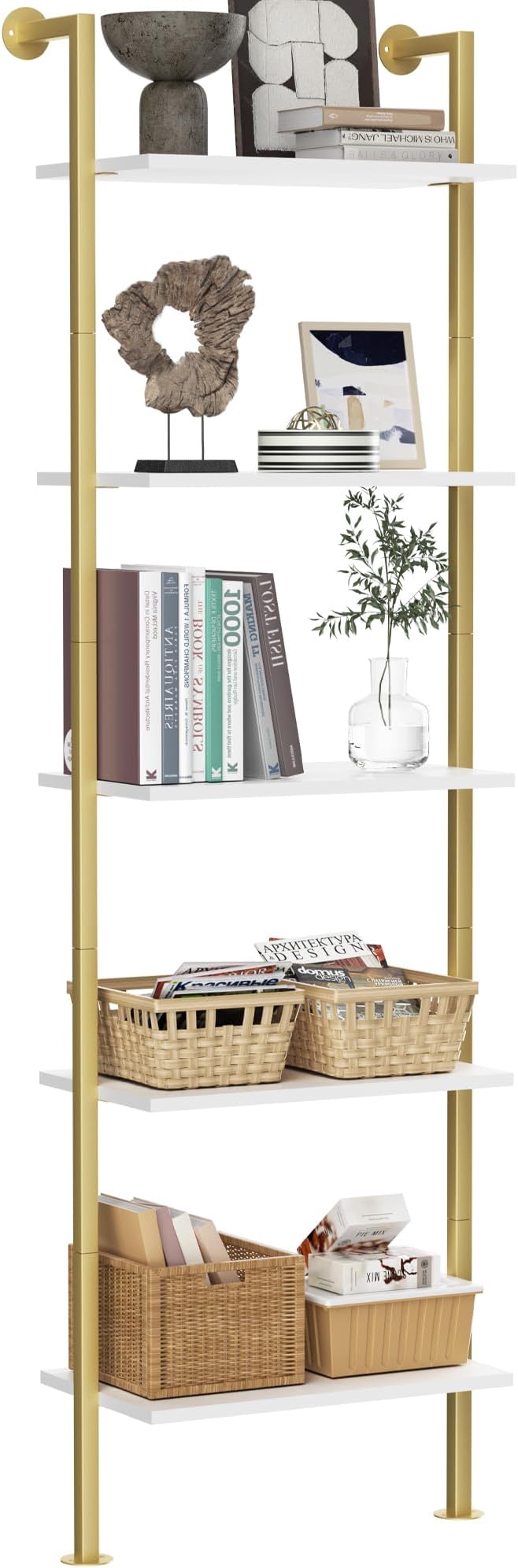 5-Tier Bookshelf Solid Wood Ladder Shelf, Narrow Book shelf Display Shelf, Wooden Ladder Shelf Bookcase, Wall Mount Ladder Shelf, Storage Rack for Living Room, Bedroom, Bathroom, White and Gold