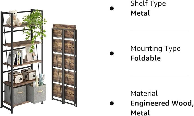 4NM No-Assembly Folding Bookshelf Storage Shelves 5 Tiers Vintage Bookcase Standing Racks Study Organizer Home Office (Rustic Brown and Black)