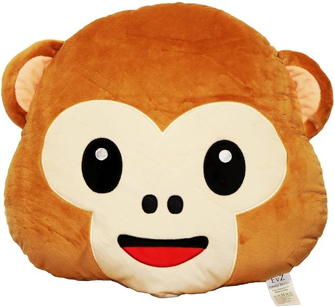 EvZ Official Certified Monkey Emoji Pillow - 32cm Large Soft Plush See-No-Evil Ape Emoticon Cushion - Cute Animal Decorative Stuffed Toy for Kids, Jungle Theme Decor & Funny Gift (Brown)