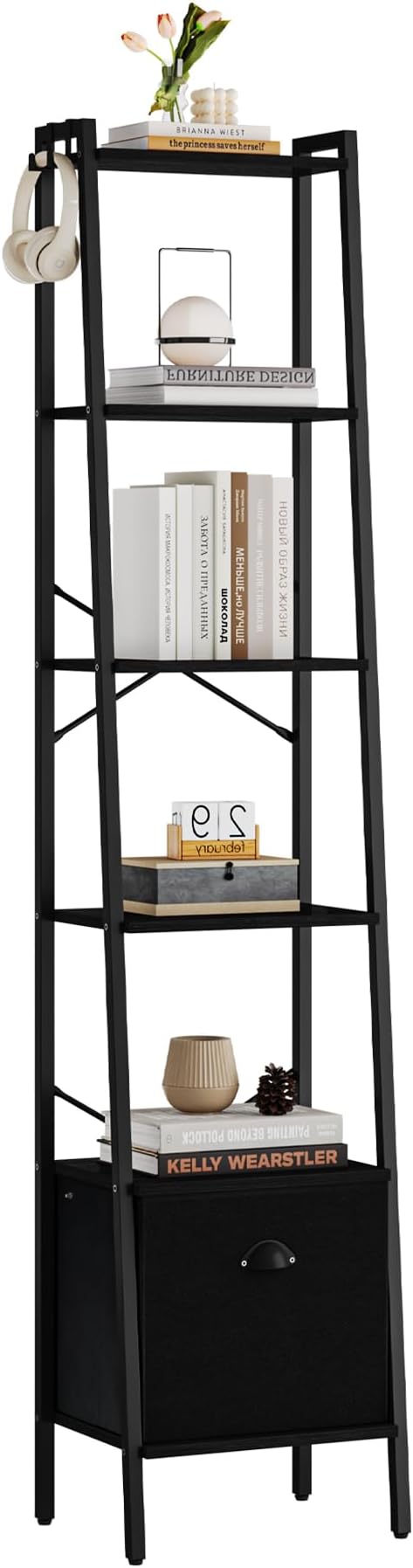 Narrow Bookshelf Bookcase with Drawer, Ladder Shelf with 2 Hooks, Bookshelves Storage Organizer, Freestanding Display Standing for Home Office, Bedroom, 6 Tier Black BC19604B