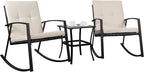 Shintenchi 3 Pieces Rocking Bistro Set Wicker Patio Outdoor Furniture, 2 Rattan Porch Chairs Conversation Sets with Glass Coffee Table (Beige)