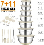 Mixing Bowls with Airtight Lids, 18pcs Stainless Steel Mixing Bowls Set | Nesting Non-slip Silicone Bowls Bottom, Size 4.5, 3.6, 2.7, 2.1, 1.7, 1.1, 0.7 qt, Fit for Mixing & Serving(Khaki)