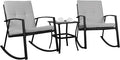 Shintenchi Outdoor 3 Piece Rocking Bistro Set, Wicker Patio Outdoor Furniture Porch Chairs Conversation Sets with Glass-Top Coffee Table for Backyard Porch Poolside Lawn, Garden,Gray