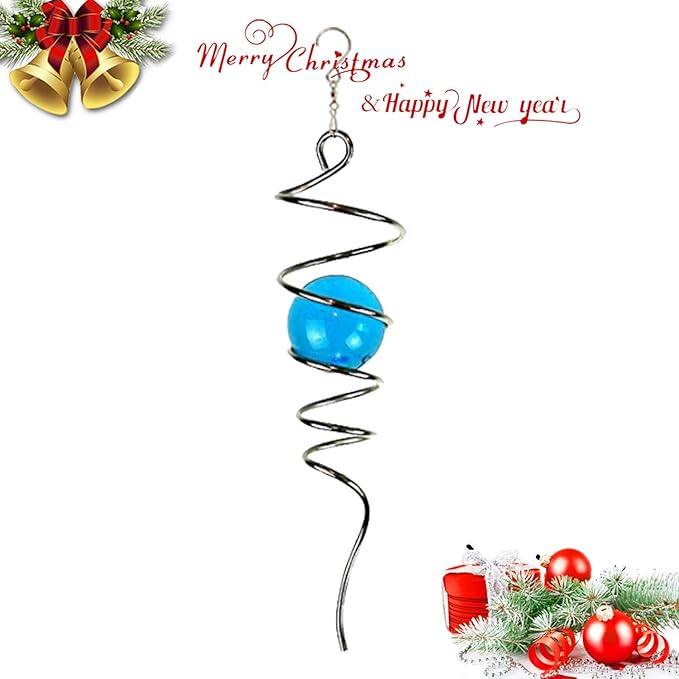 FONMY Gazing Ball Spiral Tail -Decorative Wind Spinner 11" inch Tail and 2" inch Glass Orb. Indoor Outdoor Garden Decoration Silver Blue -13 inch Height