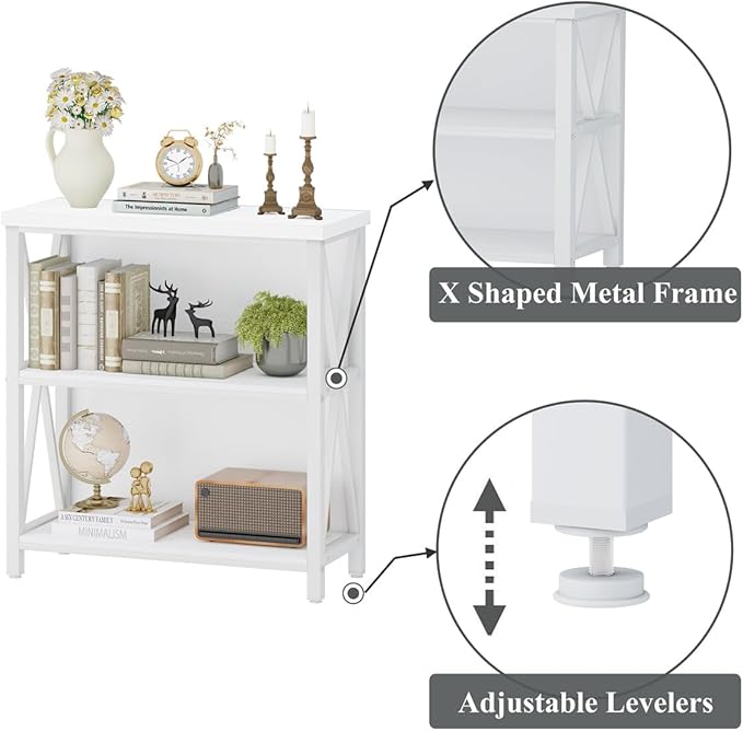 FATORRI Small Bookcase, Bookshelf for Small Space, Short Rustic Bookshelf, Wood and Metal Book Case and Book Shelf (White Oak)