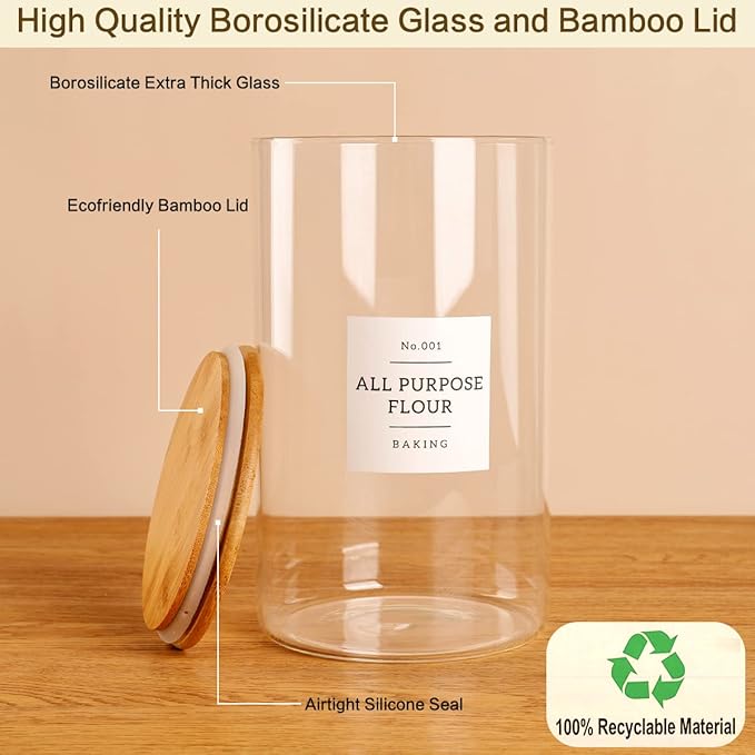 1 Gallon Large Glass Food Storage Containers With Airtight Bamboo Lid - Kitchen Glass Storage Jars Canister With 42 Pantry Labels - Thicken Big Clear Rice Containers For Your Pantry