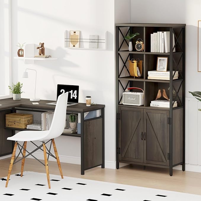 FATORRI Bookshelf with Doors, Rustic Wood Bookcase with Cabinet, Industrial Tall Cubby Book Shelf and Cube Organizer Shelf for Living Room (Walnut Brown)