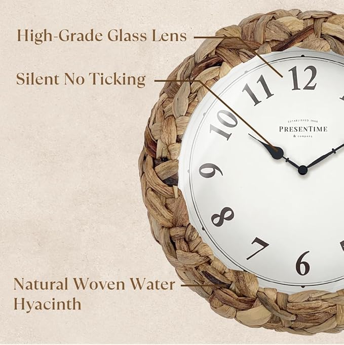 Presentime & Co Farmhouse Series, Rustic Woven Clock, 10.5 inch, Natural Woven Water Hyacinth/Sea Grass. Wall Sculpture, Wall Art and Timepiece for Home Decoration/Decoration/Farmhouse Décor.