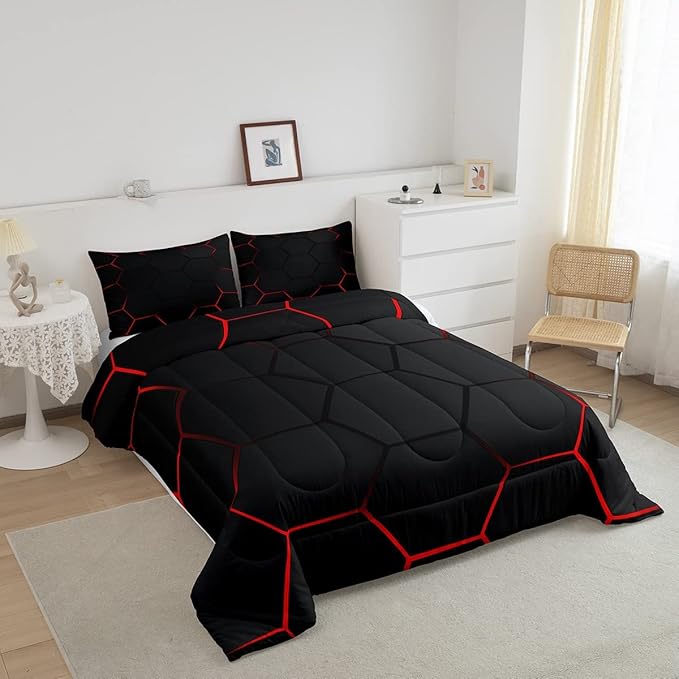 Honeycomb Bedding Set Honeycomb Modern Geometry Hexagon Theme Comforter Set for Kids Boys Children Geometrical Comforter Ultra Soft Beehive Black Red Decor Duvet Set Twin Size