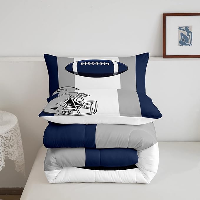 Feelyou Kids Football Comforter Set King Size Rugby Sports Bedding Set for Boys Teens Decor Soccer Ball Game Comforter American Football Grey Blue Duvet Set Quilt 3Pcs Boys