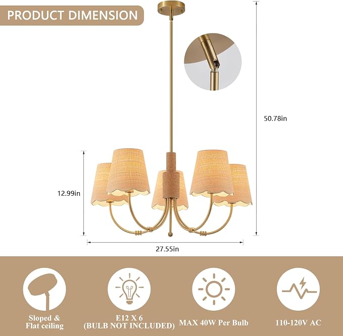 Boho Rattan Chandelier with Fabric Shade, Antique Gold Brass Farmhouse Chandeliers, 5-Lights Coastal Gold Pendant Light Fixtures for Dining Room Kitchen Island Living Room Hemp Rope