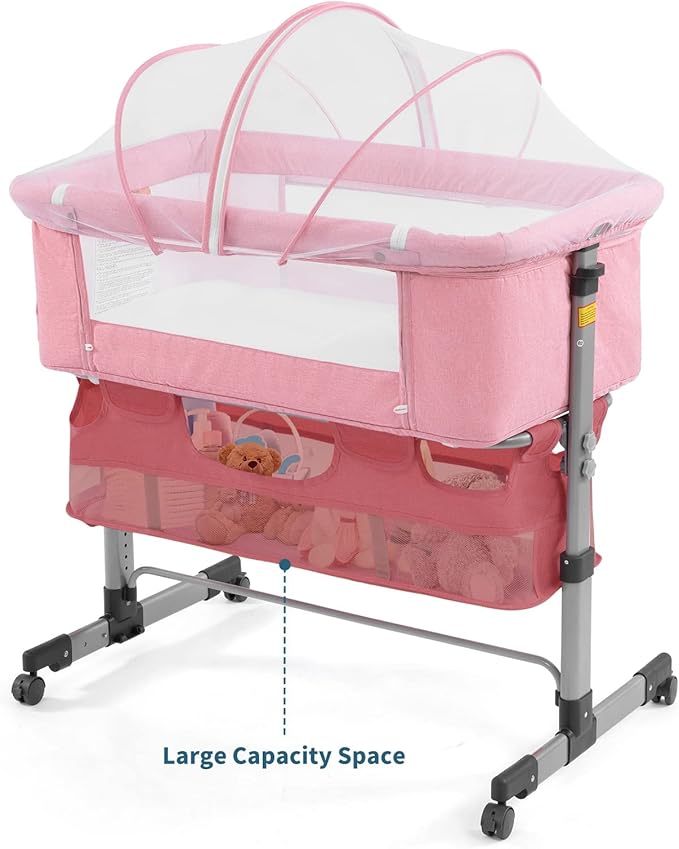 3 in 1 Travel Baby Crib,Baby Bed with Breathable Net,Adjustable Portable Bed for Infant/Baby with Detachable Mosquito net and Mattress,Pink