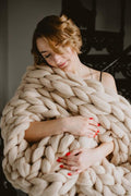 Chunky Knit Blanket Throw - Handmade, Gift Sofa Bed Blanket (Camel 40"x47")