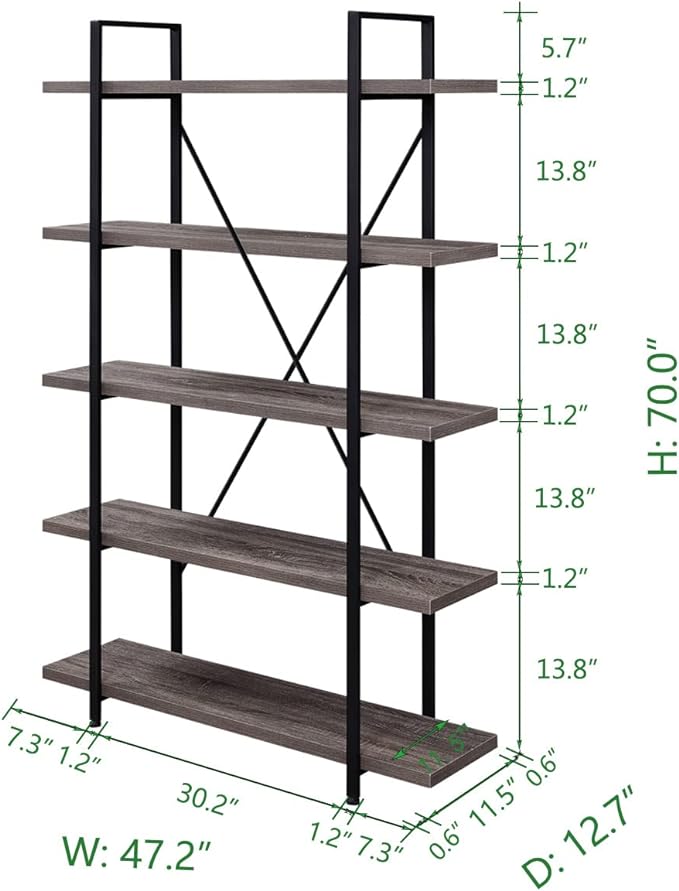 HSH 5-Shelf Vintage Industrial Rustic Bookshelf, 5 Tier Wood and Metal Bookcase, Open Etagere Book Shelf, Farmhouse Wooden Bookshelves, Light Grey Oak