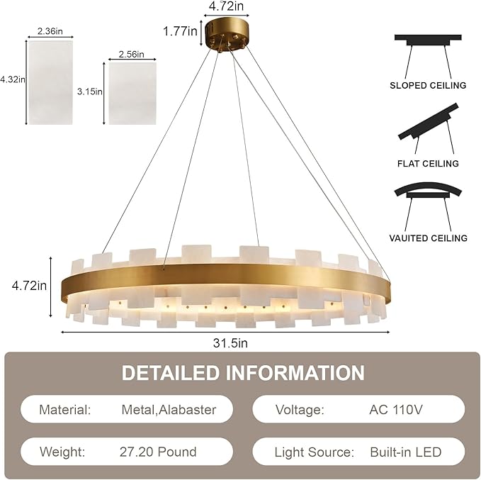 31.5" Natural Spanish Alabaster Round Chandelier, Adjustable Large Chandeliers for Living Room Over Table, Modern Luxury Alabaster Stone Chandelier for Drawing Room, Bedroom, Hallway, Foyer