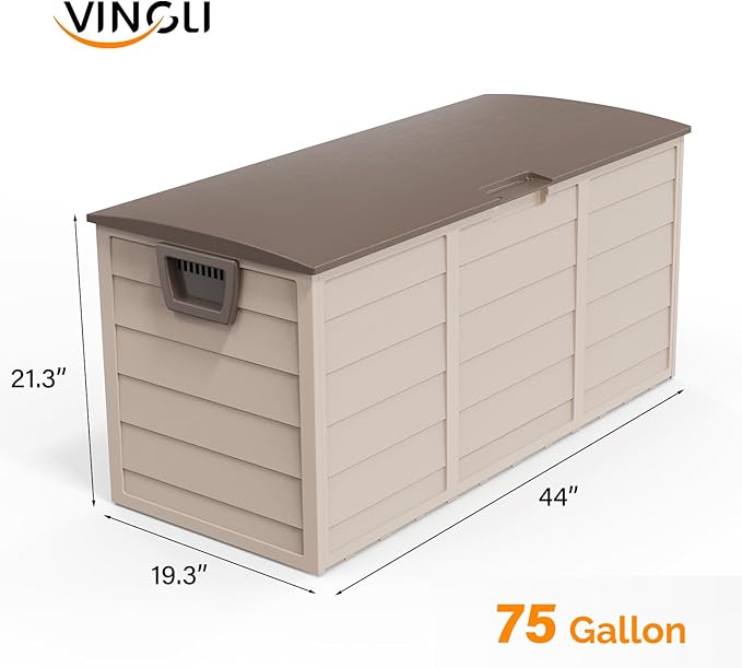 VINGLI 75 Gallon Outdoor Storage Box, Lockable Plastic Storage Containers with Lid, Patio Deck Box Furniture for Garden, Pool, Balcony, Yard (Coffee)
