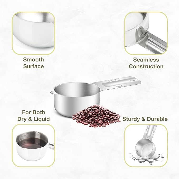 2PCS 1/4Cup (60ml, 2oz) Single Measuring Cup, Etched Inner Scale Stainless Steel Measure Scoop, Metric and US Measurement, Dishwasher Safe
