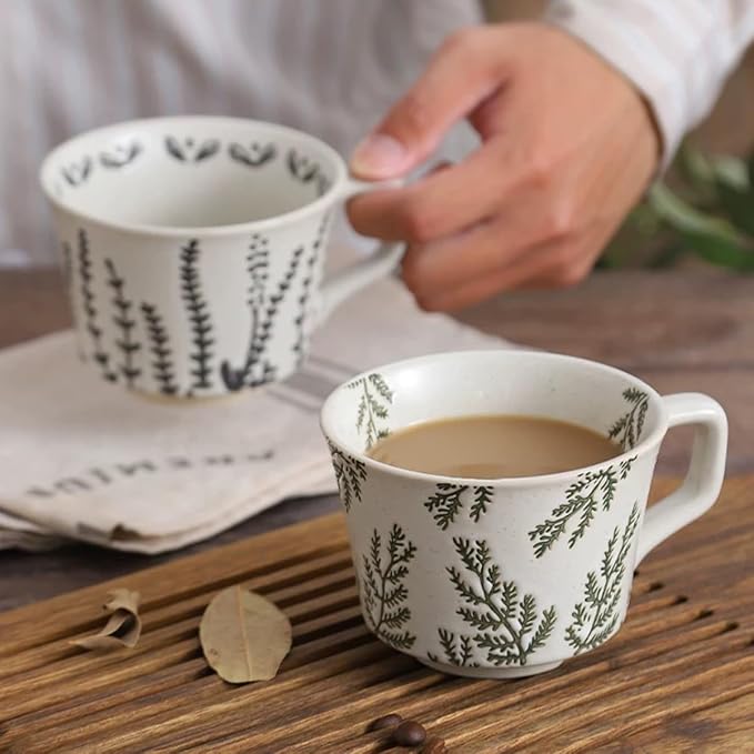 Ceramic Mug Set of 4, 11oz - Vintage Mug Cups for Coffee Milk Latte Cappuccino Tea, Porcelain Coffee Cups Set Gifts for Women Man, Farmhouse Handmade Stoneware Cups Dishwasher Microwave Safe