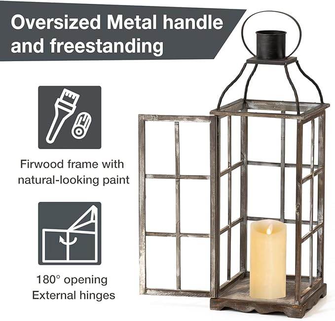 Glitzhome Farmhouse Oversized Wood Metal Lanterns Decorative Hanging Candle Lanterns Set of 2, Black (No Glass)