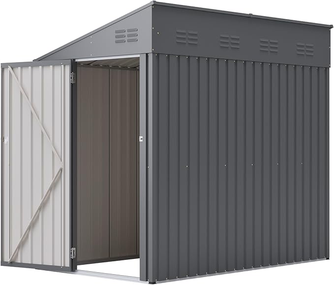 4x7 FT Lean-to Metal Storage Shed with Single Lockable Side Door, Sloping Roof Galvanized Steel Outdoor Tool Shed for Garden, Patio & Backyard Storage