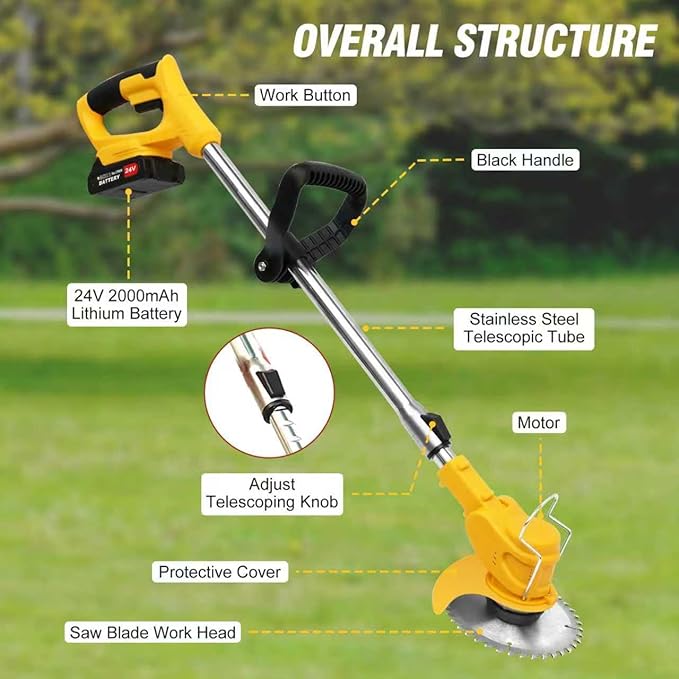 24V Electric Weed Wacker Cordless Grass Trimmer with 2x2000mAh Batteries & Fast Charger, 3 in 1 Stringless Lightweight Brush Cutter/Edger/Mower with 3 Types Blade & Wheels for Garden and Yard Lawn