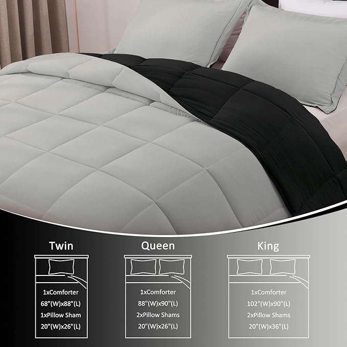 Basic Beyond King Size Comforter Set - Fluffy King Bed Comforter Set for All Seasons - Reversible Black and Grey King Comforter Set - 3 Pieces (1 Comforter + 2 Pillow Shams)